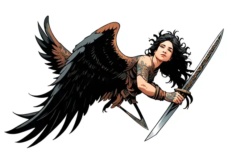 flying winged Valkyrie on left side holding a Viking sword pointed up at an angle looking up to the sword tattoo design idea