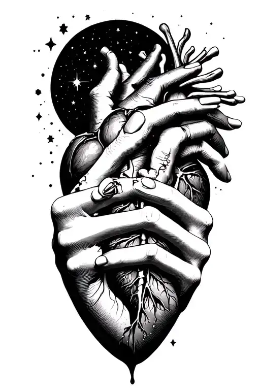 woman hand squeezing anatomic bleeding heart space theme tattoo design idea