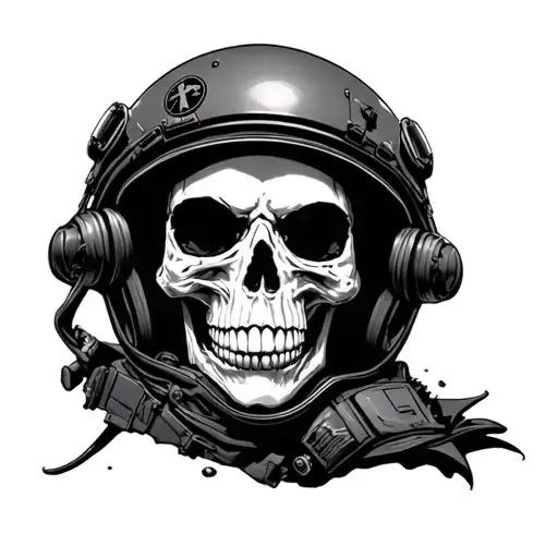 skull wearing a fighter jet pilot helmet with visor down  tattoo design idea