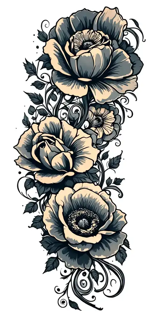  swirling hurricanes, paisley pattern and poppy flowers and roses tattoo design idea