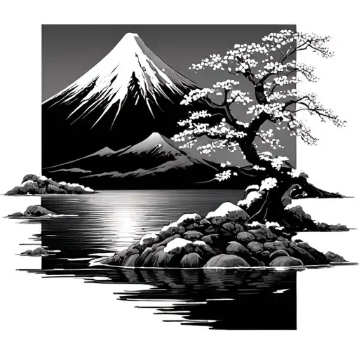 japanese style water with a large snowy peak mountain in the black with a cherr blossom tree tattoo design idea