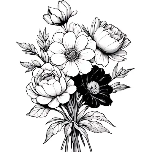 fine line bouquet of following flowers: Sakura Cherry blossom, Carnation, Tulip, Peony, and Daffodil with multiples tattoo design idea