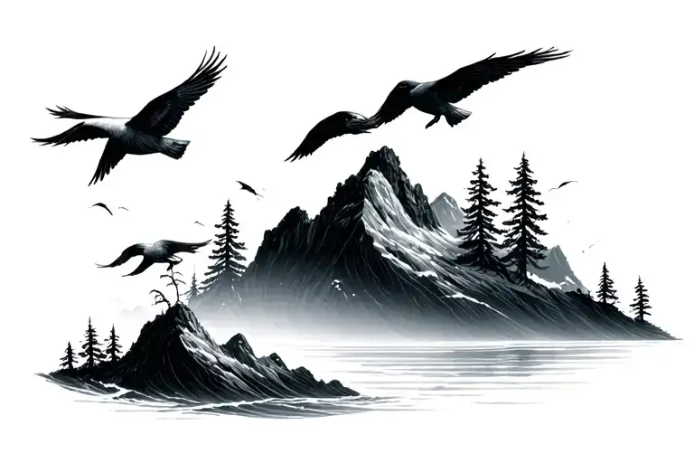 mountain trees ocean birds tattoo design idea