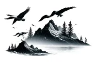 mountain trees ocean birds tattoo design idea