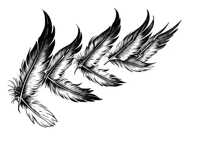 Black and white tattoo of several angelic feathers drawn in traditional Japanese sumi-e ink style, gently rising upward  tattoo design idea