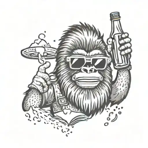 A playful design featuring Bigfoot wearing Elvis sunglasses and holding a bottle of hot sauce tattoo design idea
