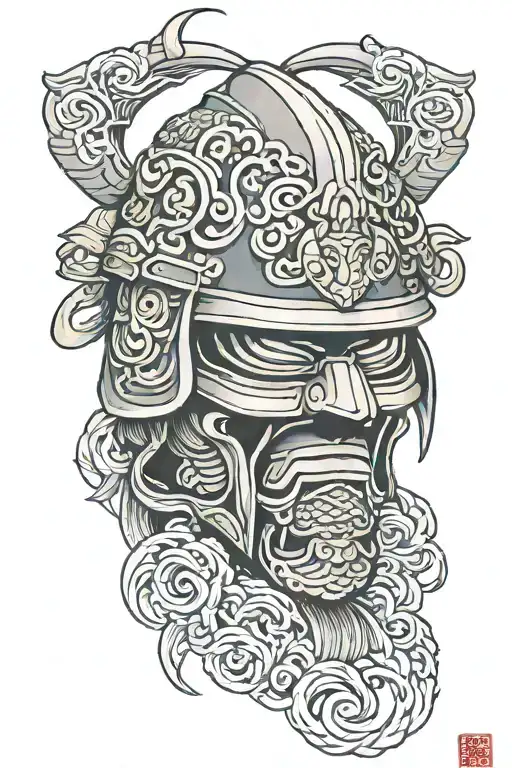 irezumi style arm sleeve kabuto helmet tattoo design idea