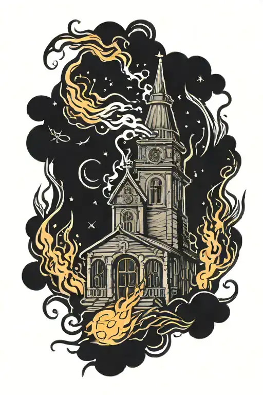 burning witch and church on a norde pyre dark black and orange fire tattoo design idea