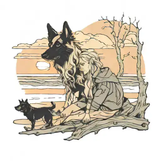 young long blonded haired woman wakling mostly black german shepherd on driftwood beach at sunset tattoo design idea
