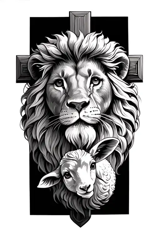 lion and lamb inside outside of a cross tattoo tattoo design idea