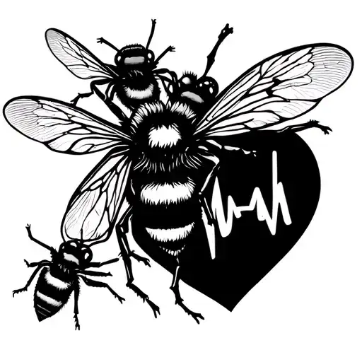 3 bees flying holding heart beat line tattoo design idea