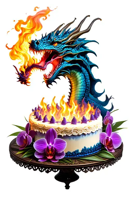 Dragon breathing fire onto a cake with orchids tattoo design idea