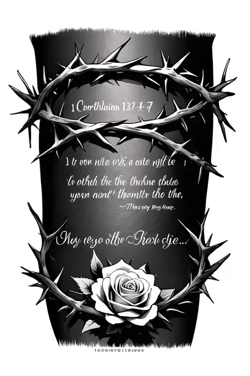 A crown of thorns tattoo with a rose woven in and verse 1 Corinthians 13:4-7 woven in the crown on the outer thigh tattoo design idea