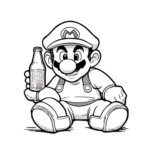 mario sitting down with a beer bottle in hand tattoo design idea
