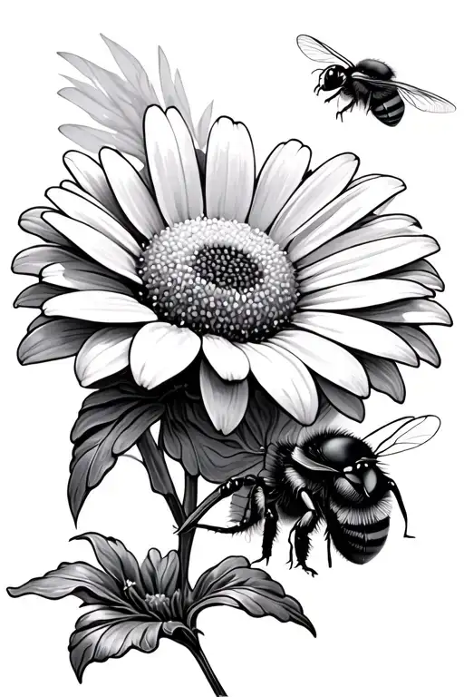 daisy flower bee flying tattoo design idea