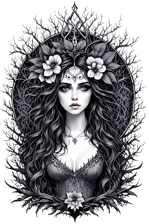 gothic feminine forest style design tattoo design idea