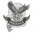 rise of the phoenix with heartbeat line forming the words Cj, Marcelo, Edlyn, Anistyn tattoo design idea