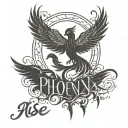 rise of the phoenix with heartbeat line forming the words Cj, Marcelo, Edlyn, Anistyn tattoo design idea