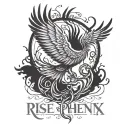 rise of the phoenix with heartbeat line forming the words Cj, Marcelo, Edlyn, Anistyn tattoo design idea