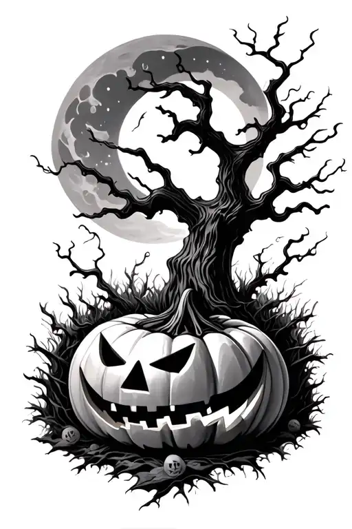 gothic, smoke, moon, trees, jack o lantern surrounded tattoo design idea