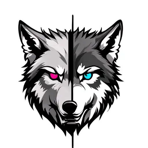 Wolf head with two different sides a good and a bad with a pink eye and another blue, tattoo design idea