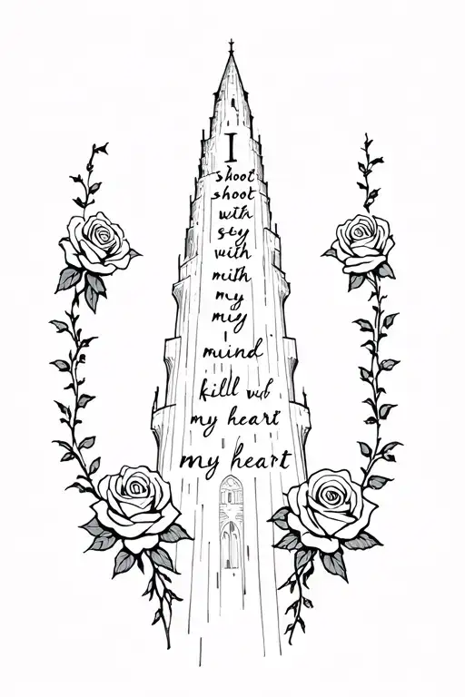 the dark tower with roses flanking from left to right with roses, vines spell i shoot with my mind, i kill with my heart tattoo design idea
