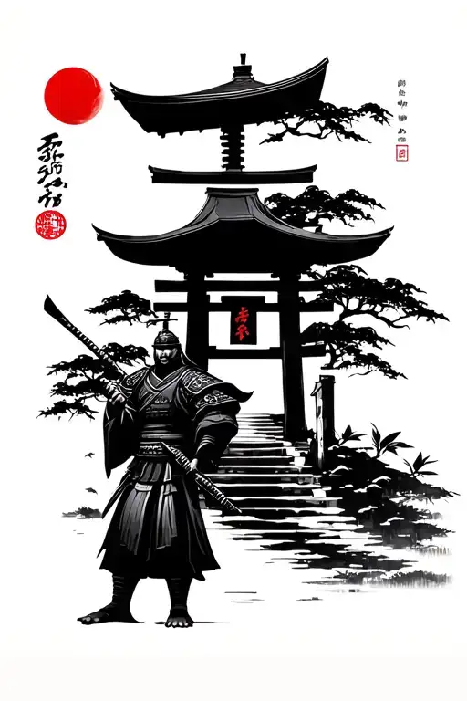 font japanese red sun brushed, samurai standing garde next to a japanese temple, bamboo forest , tori gate in front tattoo design idea