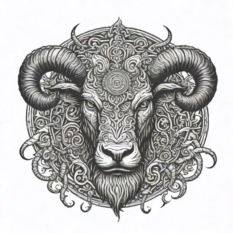 demonic aries with mandela style mixed tattoo design idea