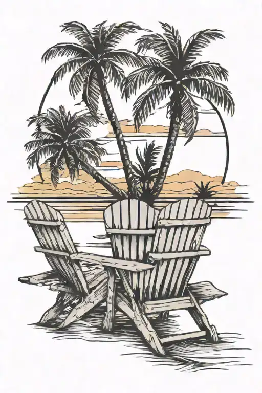 sunset beach scene with one palm tree and two Adirondack chairs facing the ocean tattoo design idea