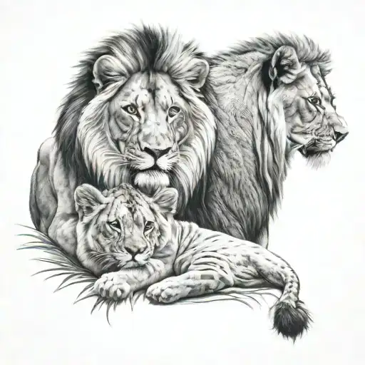 male lion looking over his 2 male lion cubs playing tattoo design idea
