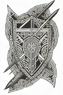 African Massai shield with two long spears crossing behind the shield. It needs to be symmetrical on only black.  tattoo design idea