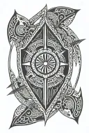 African Massai shield with two long spears crossing behind the shield. It needs to be symmetrical on only black.  tattoo design idea