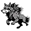stylized minimalistic celtic knotwork wolf running, blackline, no background tattoo design idea