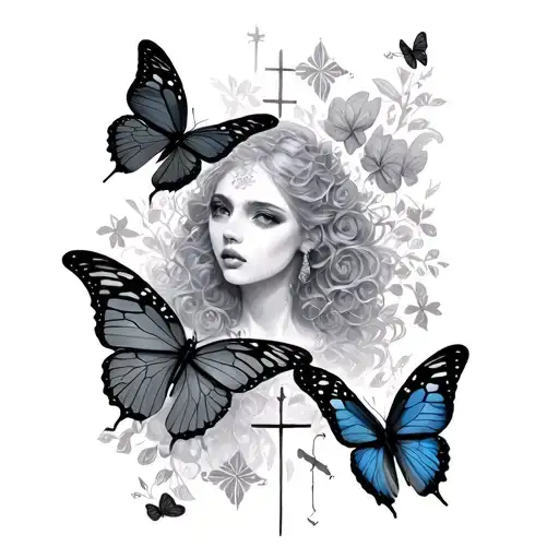 Calabera with butterflies and crosses tattoo design idea