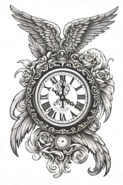 angel wings on a clock with rainbow tattoo design idea