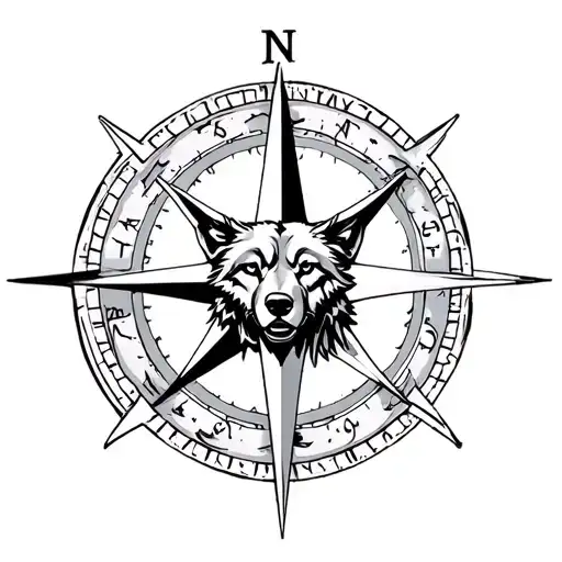 compass rose with wolf head with symbol of renewal tattoo design idea