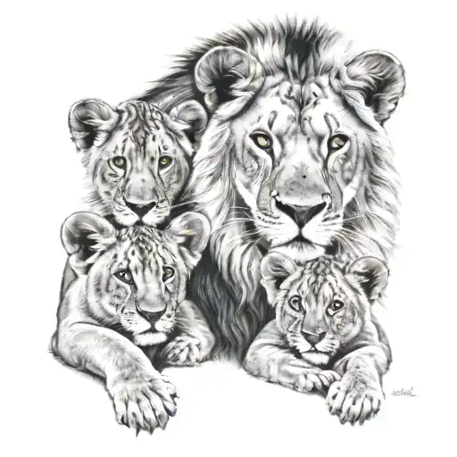 male lion with blue eyes, 2 cubs, chelsea fc tattoo design idea