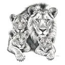 male lion with blue eyes, 2 cubs, chelsea fc tattoo design idea