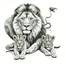 male lion with blue eyes, 2 cubs, chelsea fc tattoo design idea