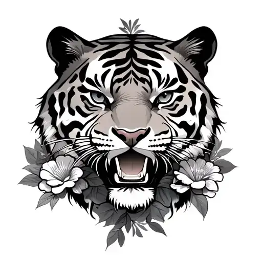 japanise style tiger with fish with flower print logo designjapanise style tiger with fish with flower print log tattoo design idea