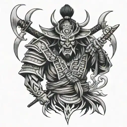 Samurai with a demonic face and a demonic mask in full growth tattoo design idea