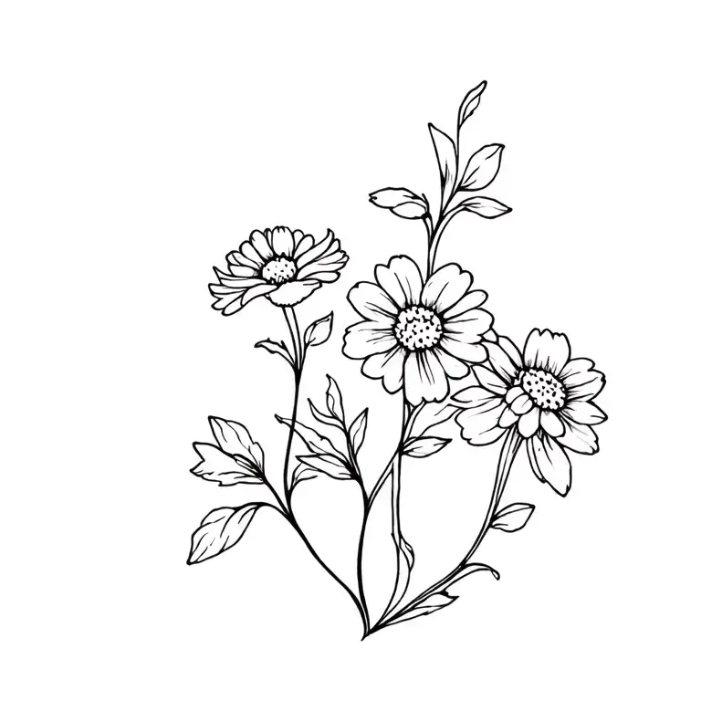 vine wrapping with marigolds, daffodils and daisies in just black and fine lines tattoo design idea
