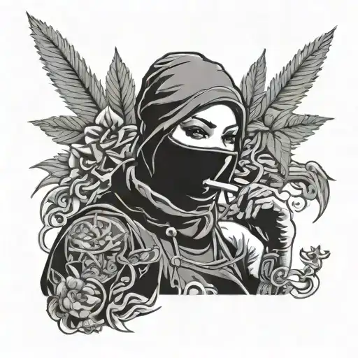 girl with balaclava smoke weed money guns tattoo design idea