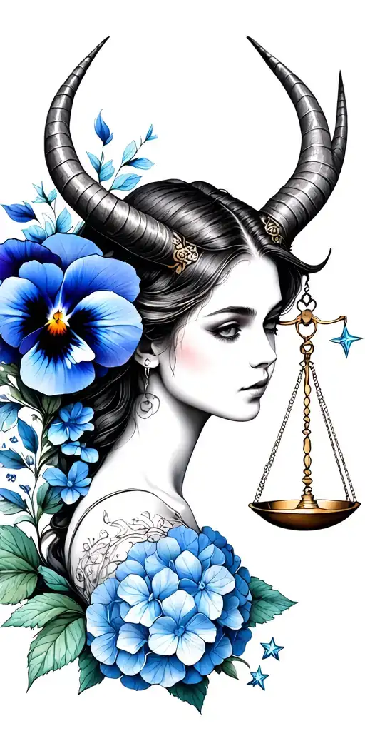 Capricorn woman with horns, LIBRA SCALES, pansy flower, large BEETLE, blue hydrangea petals, stars tattoo design idea