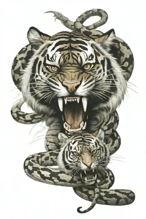 tiger head fighting snake intertwined tattoo design idea