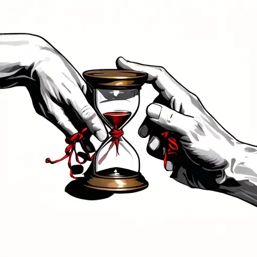two hands holding hourglass with the red string of fate binding them tattoo design idea