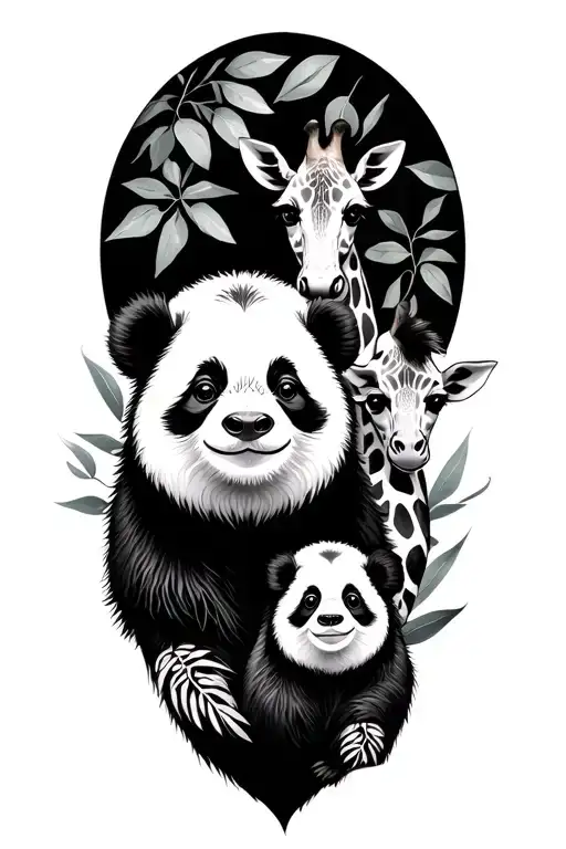 sloth and giraffe and panda totem for 3 daughters minimalist tattoo design idea