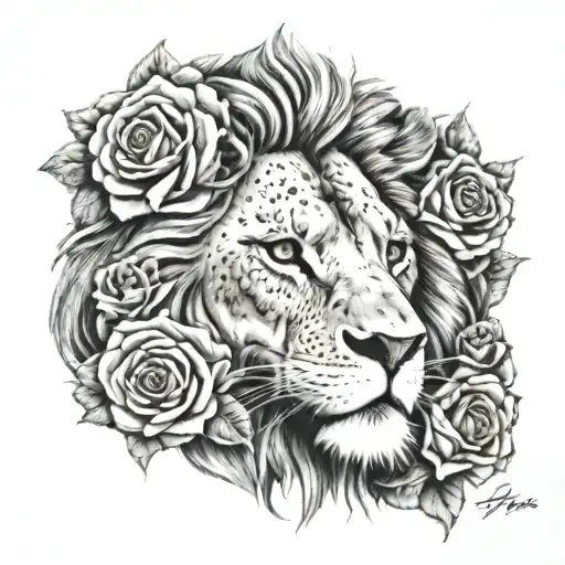 lion face with roses blooming and memorial tattoo tattoo design idea
