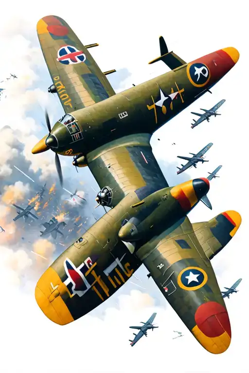 A vintage WWII bomber flying over a battlefield with fighters engaged veiwed from above tattoo design idea