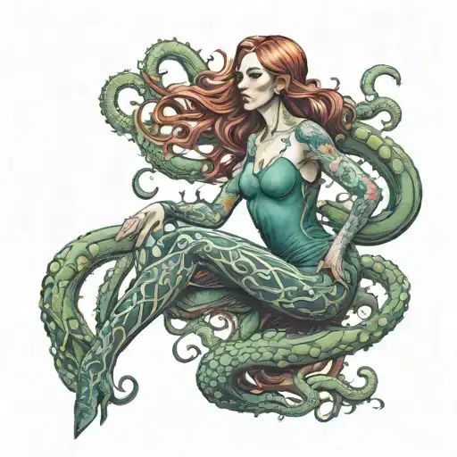 a full-length woman with tentacles for legs.  tattoo design idea